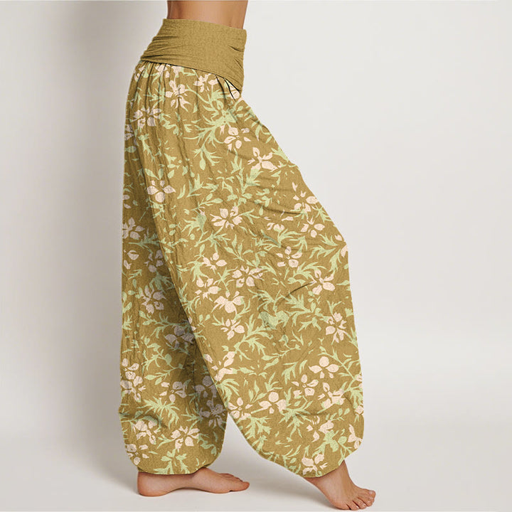 Pantaloni harem da donna con elastico in vita, in puro cotone, con motivo astratto di fiori e foglie, motivo Buddha Stones - image 2