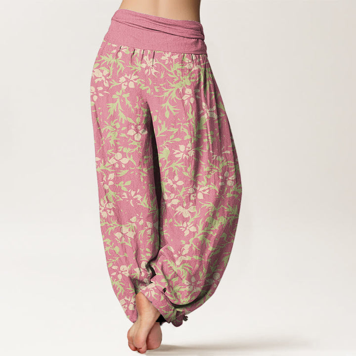 Pantaloni harem da donna con elastico in vita, in puro cotone, con motivo astratto di fiori e foglie, motivo Buddha Stones - image 6