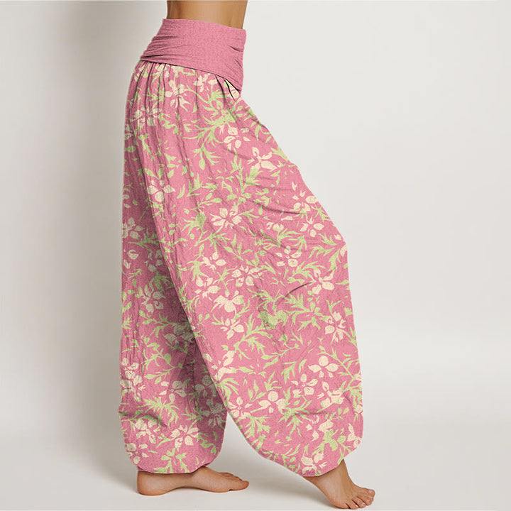Pantaloni harem da donna con elastico in vita, in puro cotone, con motivo astratto di fiori e foglie, motivo Buddha Stones - image 7