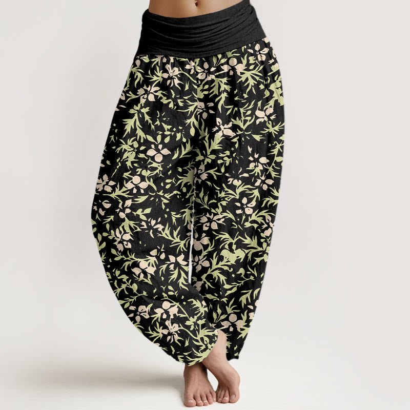 Pantaloni harem da donna con elastico in vita, in puro cotone, con motivo astratto di fiori e foglie, motivo Buddha Stones - Nero - US16, UK/AU20, EU48 (3XL) - image 8