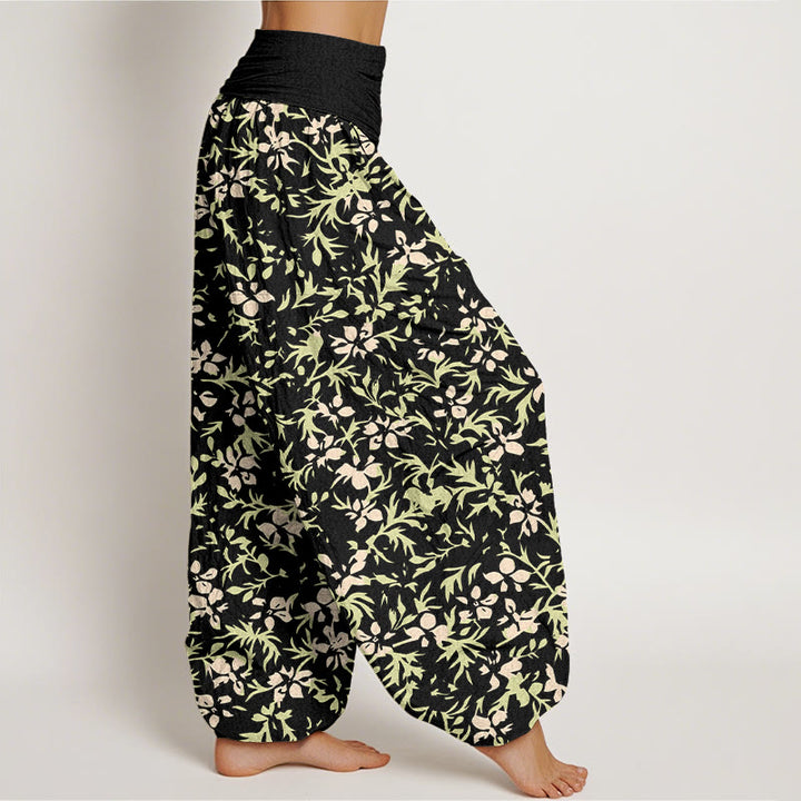 Pantaloni harem da donna con elastico in vita, in puro cotone, con motivo astratto di fiori e foglie, motivo Buddha Stones - image 10
