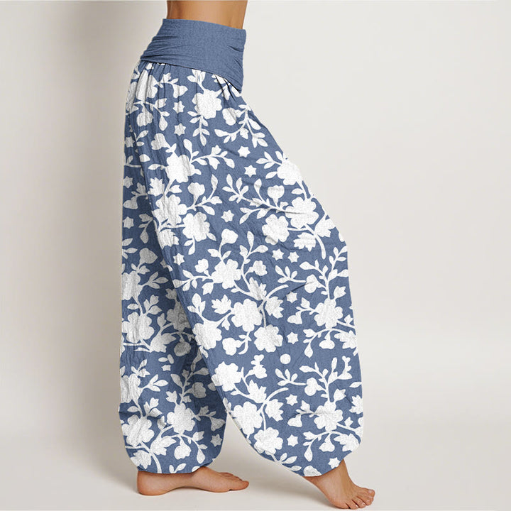 Pantaloni harem da donna con elastico in vita, motivo a fiori bianchi, foglie e stelle, in puro cotone, motivo Buddha Stones - image 2