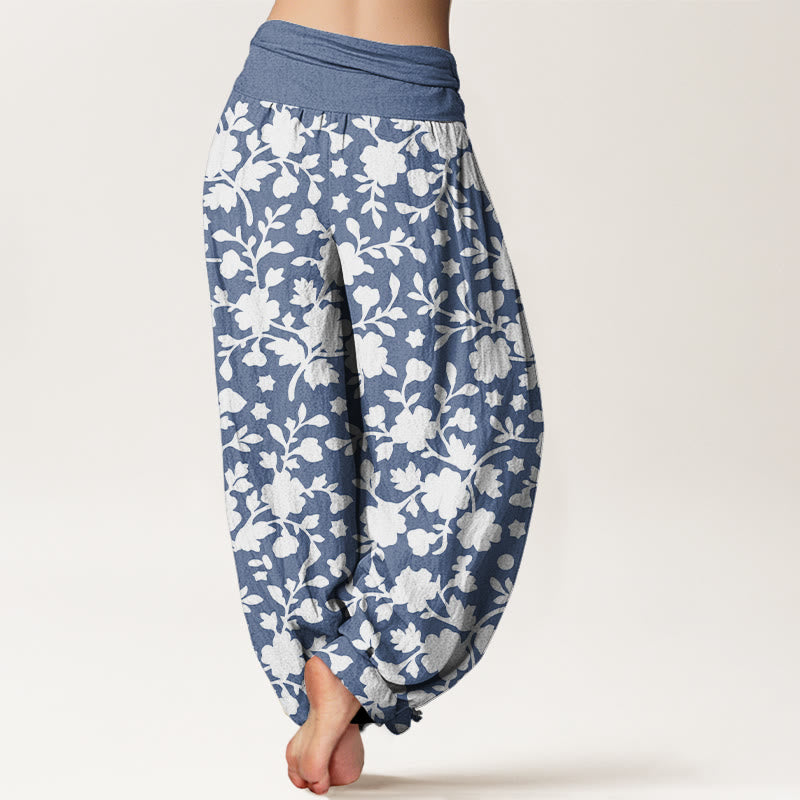 Pantaloni harem da donna con elastico in vita, motivo a fiori bianchi, foglie e stelle, in puro cotone, motivo Buddha Stones - image 1