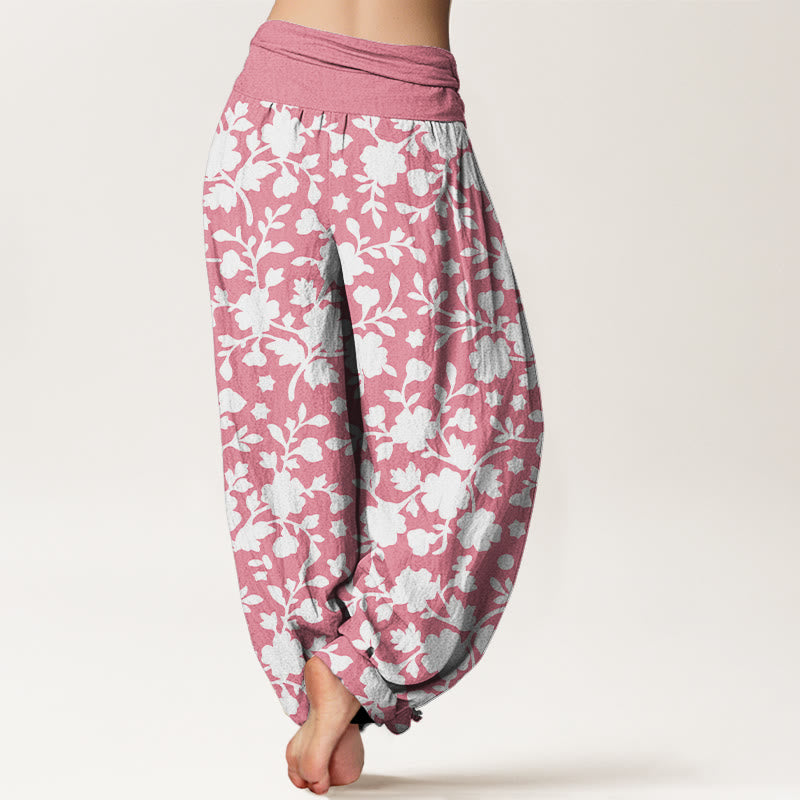 Pantaloni harem da donna con elastico in vita, motivo a fiori bianchi, foglie e stelle, in puro cotone, motivo Buddha Stones - image 6