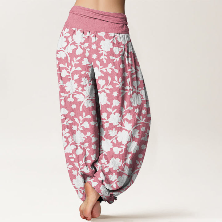 Pantaloni harem da donna con elastico in vita, motivo a fiori bianchi, foglie e stelle, in puro cotone, motivo Buddha Stones - image 6
