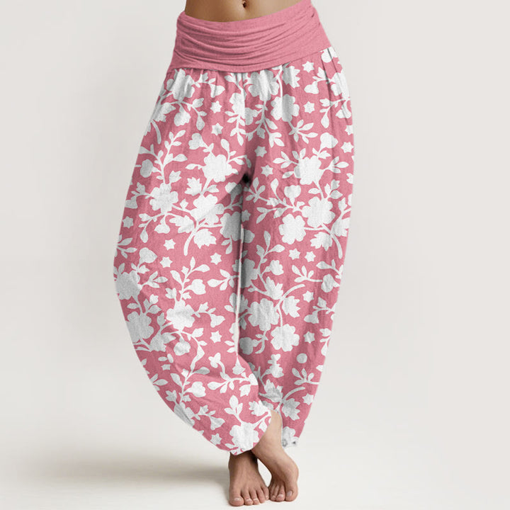 Pantaloni harem da donna con elastico in vita, motivo a fiori bianchi, foglie e stelle, in puro cotone, motivo Buddha Stones - Rosa chiaro - US16, UK/AU20, EU48 (3XL) - image 5