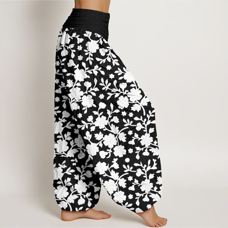 Pantaloni harem da donna con elastico in vita, motivo a fiori bianchi, foglie e stelle, in puro cotone, motivo Buddha Stones - image 10
