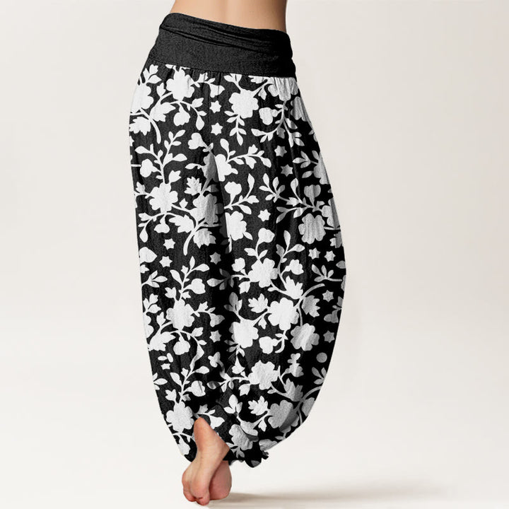 Pantaloni harem da donna con elastico in vita, motivo a fiori bianchi, foglie e stelle, in puro cotone, motivo Buddha Stones - image 9