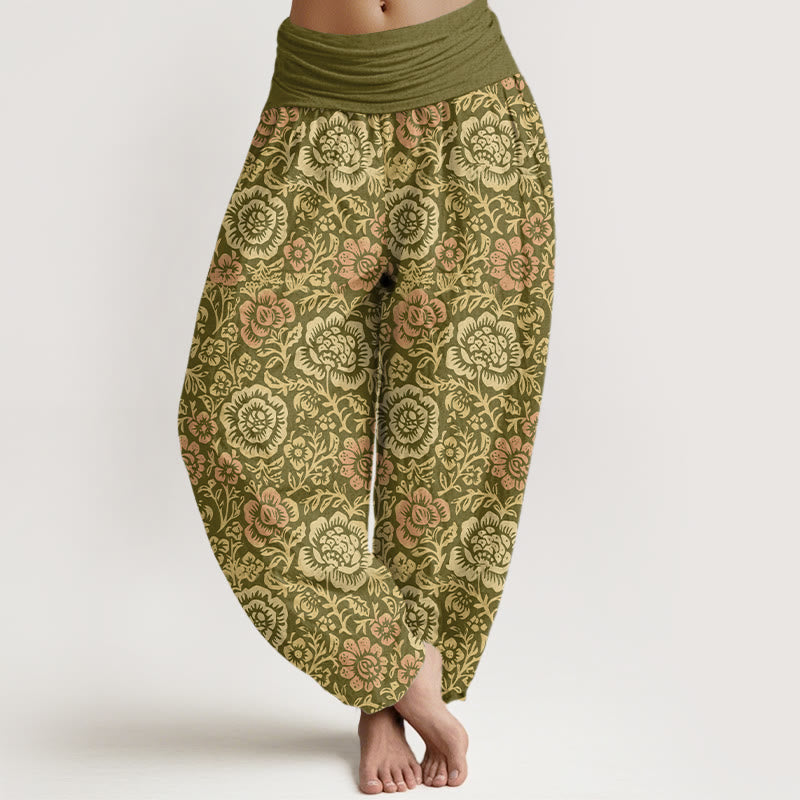 Pantaloni harem da donna con elastico in vita, motivo floreale pastorale vintage in puro cotone Buddha Stones - Oliva - US16, UK/AU20, EU48 (3XL) - image 0