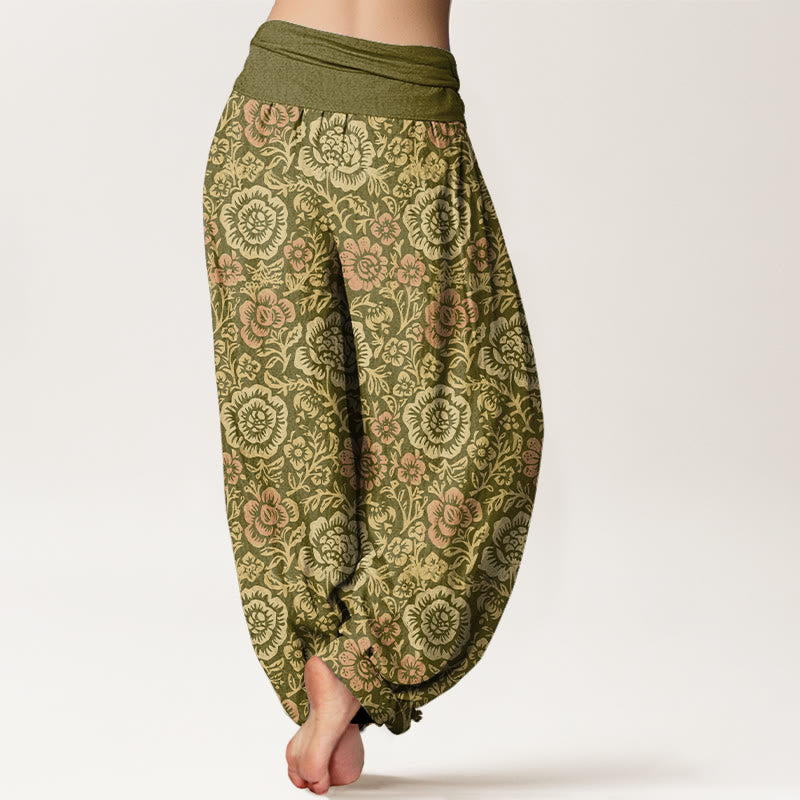 Pantaloni harem da donna con elastico in vita, motivo floreale pastorale vintage in puro cotone Buddha Stones - image 1