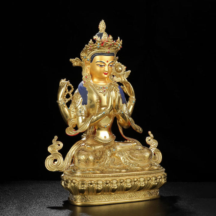 Statua di protezione di Avalokitesvara a quattro braccia di Chenrezig, placcata in oro e rame - image 3