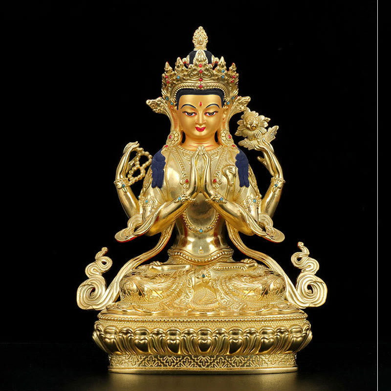 Statua di protezione di Avalokitesvara a quattro braccia di Chenrezig, placcata in oro e rame - image 4