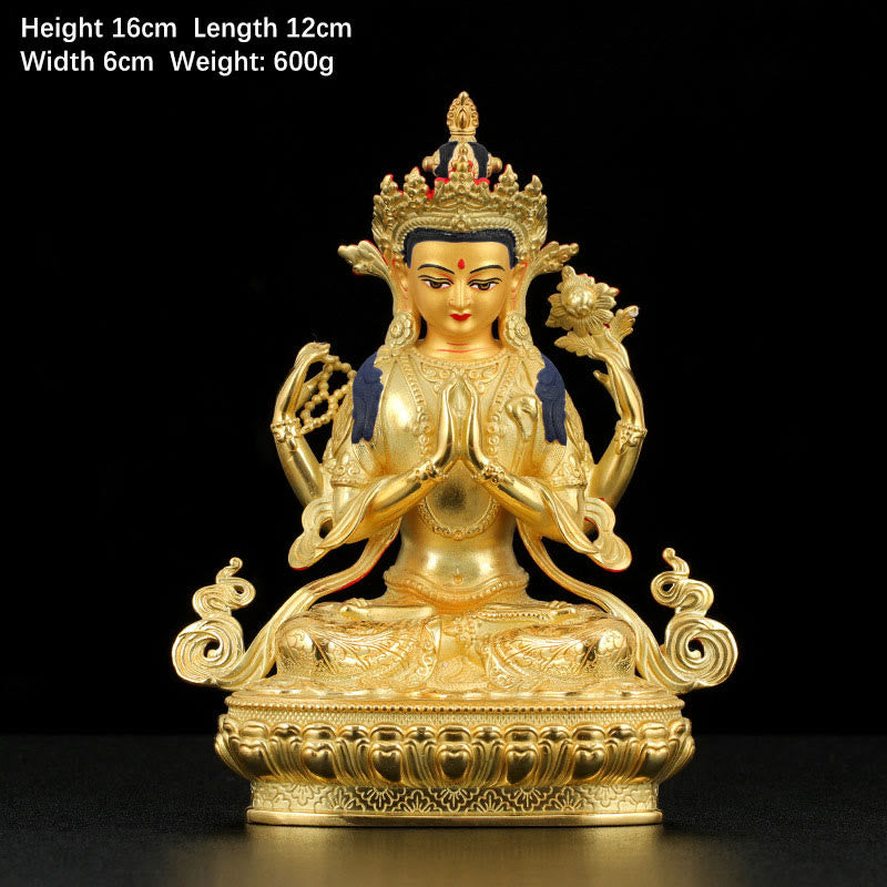 Statua di protezione di Avalokitesvara a quattro braccia di Chenrezig, placcata in oro e rame - 5 pollici - image 1