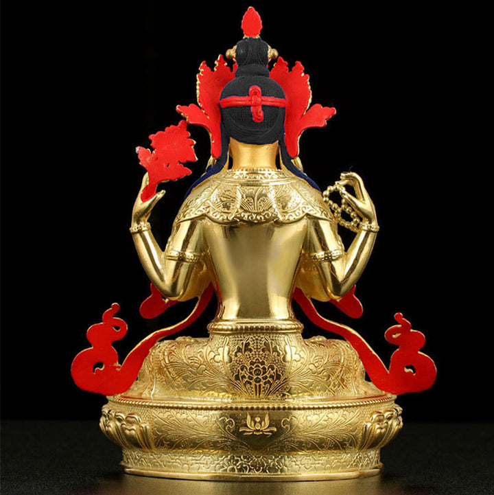 Statua di protezione di Avalokitesvara a quattro braccia di Chenrezig, placcata in oro e rame - image 7