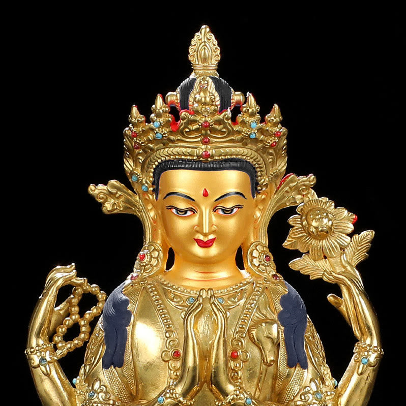 Statua di protezione di Avalokitesvara a quattro braccia di Chenrezig, placcata in oro e rame - image 9