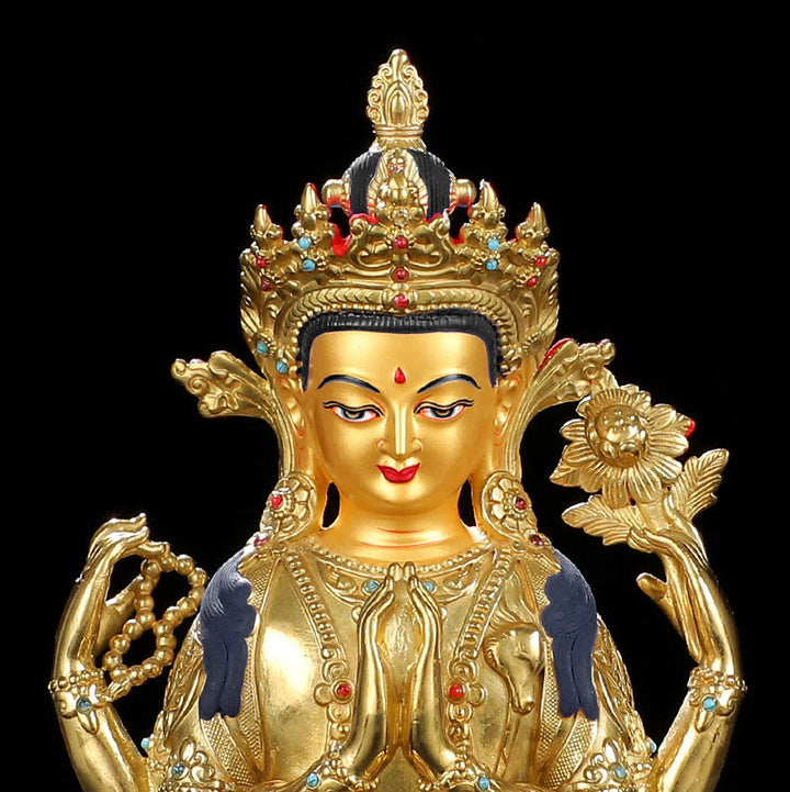 Statua di protezione di Avalokitesvara a quattro braccia di Chenrezig, placcata in oro e rame - image 9