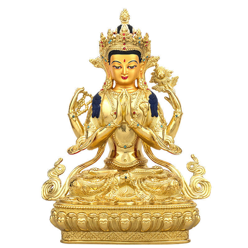 Statua di protezione di Avalokitesvara a quattro braccia di Chenrezig, placcata in oro e rame - image 0
