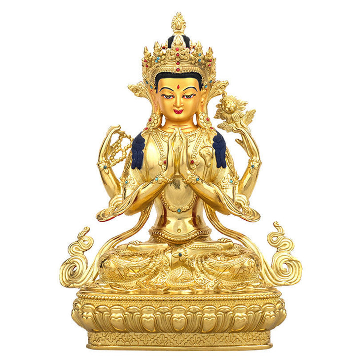 Statua di protezione di Avalokitesvara a quattro braccia di Chenrezig, placcata in oro e rame - image 0