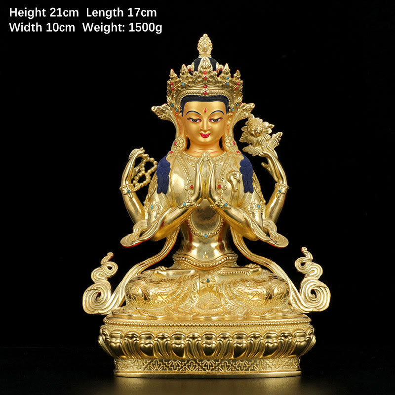 Statua di protezione di Avalokitesvara a quattro braccia di Chenrezig, placcata in oro e rame - 7 pollici - image 2