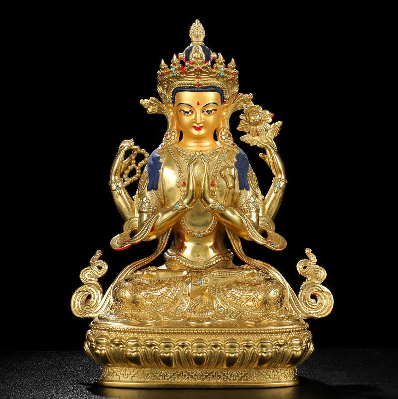Statua di protezione di Avalokitesvara a quattro braccia di Chenrezig, placcata in oro e rame - image 8