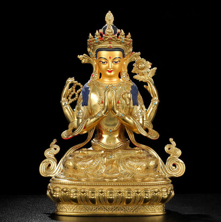 Statua di protezione di Avalokitesvara a quattro braccia di Chenrezig, placcata in oro e rame - image 8