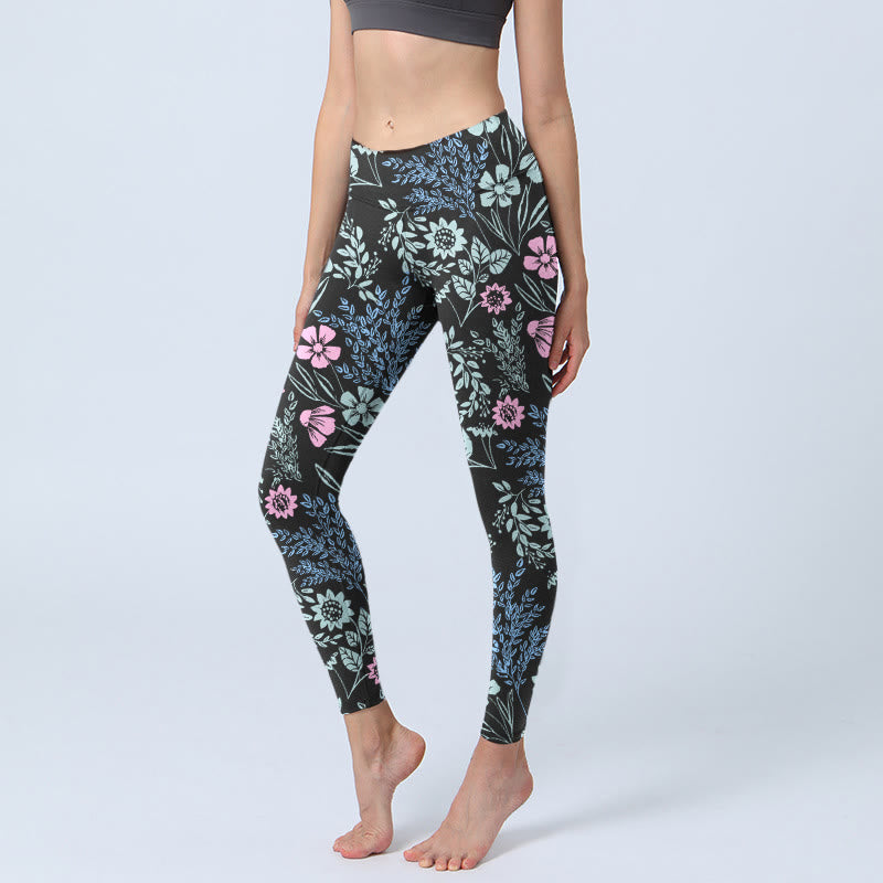 Leggings da palestra con stampa a contrasto di colori vivaci e motivo floreale e foglie, pantaloni da yoga da donna, Buddha Stones - Nero - US18, UK/AU22, EU50 (4XL) - image 0