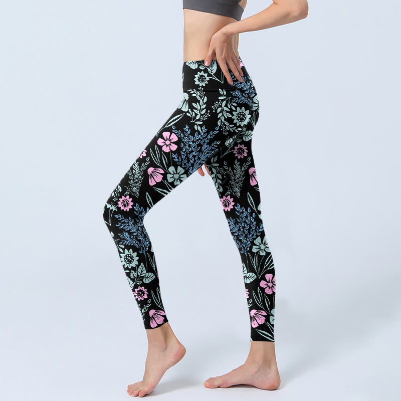 Leggings da palestra con stampa a contrasto di colori vivaci e motivo floreale e foglie, pantaloni da yoga da donna, Buddha Stones - image 2