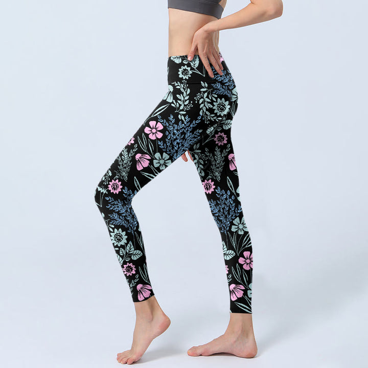 Leggings da palestra con stampa a contrasto di colori vivaci e motivo floreale e foglie, pantaloni da yoga da donna, Buddha Stones - image 2