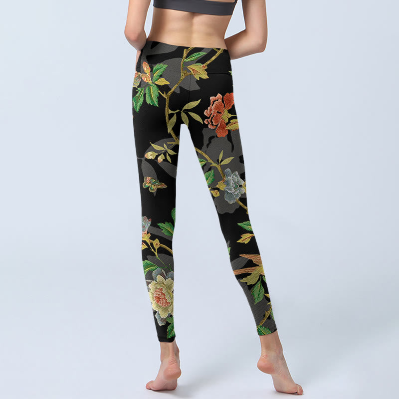 Buddha Stones da palestra con stampa di fiori, foglie, farfalle e uccelli, classici, da donna, pantaloni da yoga - image 6