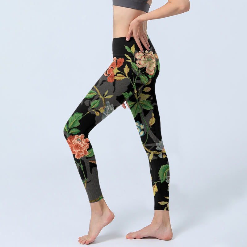 Buddha Stones da palestra con stampa di fiori, foglie, farfalle e uccelli, classici, da donna, pantaloni da yoga - image 2