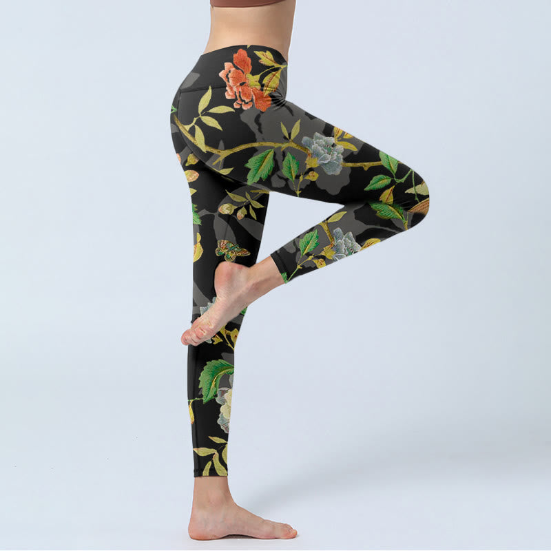Buddha Stones da palestra con stampa di fiori, foglie, farfalle e uccelli, classici, da donna, pantaloni da yoga - image 3
