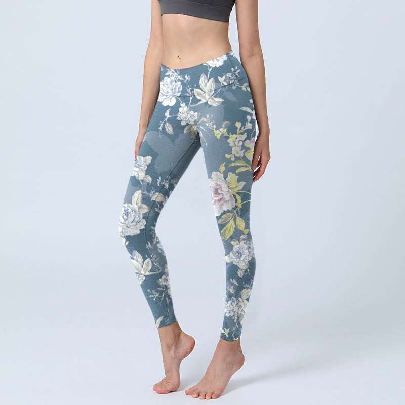 Leggings da palestra con stampa di foglie e fiori dai colori tenui, pantaloni da yoga da donna, Buddha Stones - SteelBlue - US18, UK/AU22, EU50 (4XL) - image 0