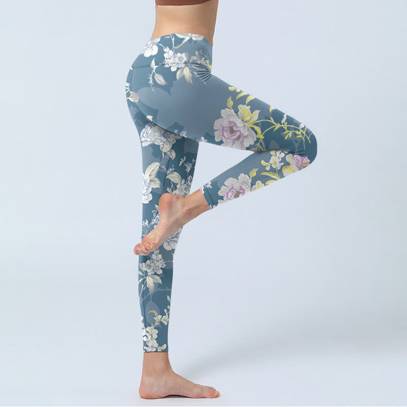 Leggings da palestra con stampa di foglie e fiori dai colori tenui, pantaloni da yoga da donna, Buddha Stones - image 3