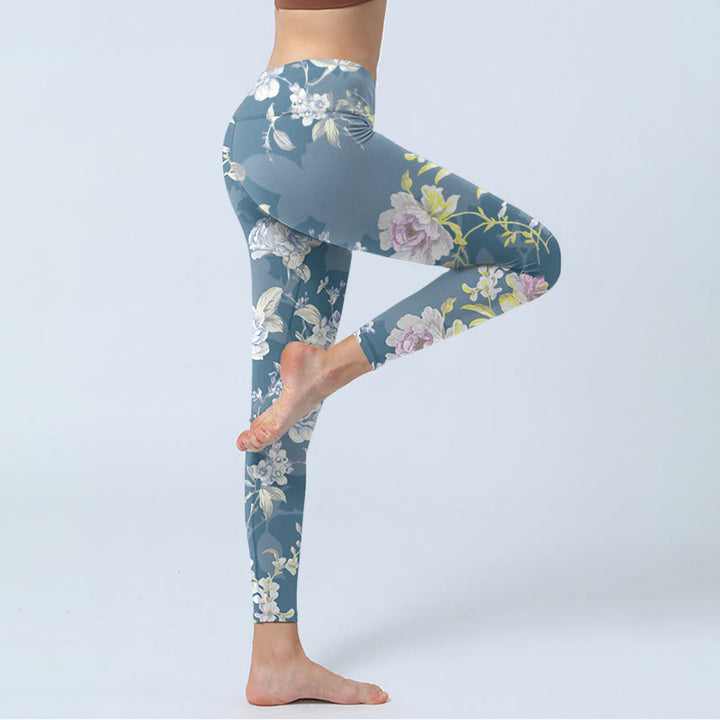 Leggings da palestra con stampa di foglie e fiori dai colori tenui, pantaloni da yoga da donna, Buddha Stones - image 3