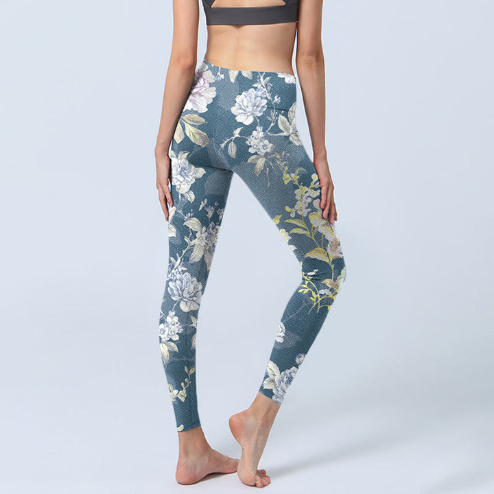 Leggings da palestra con stampa di foglie e fiori dai colori tenui, pantaloni da yoga da donna, Buddha Stones - image 4