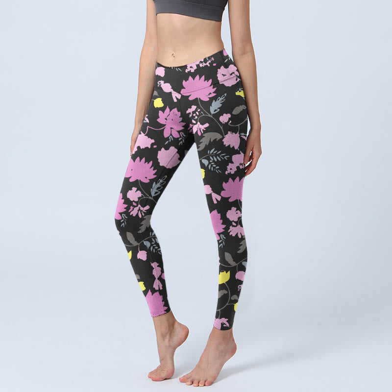 Leggings da palestra con stampa di foglie e fiori dai colori tenui, stile Buddha Stones, pantaloni da yoga da donna - Nero - US18, UK/AU22, EU50 (4XL) - image 0