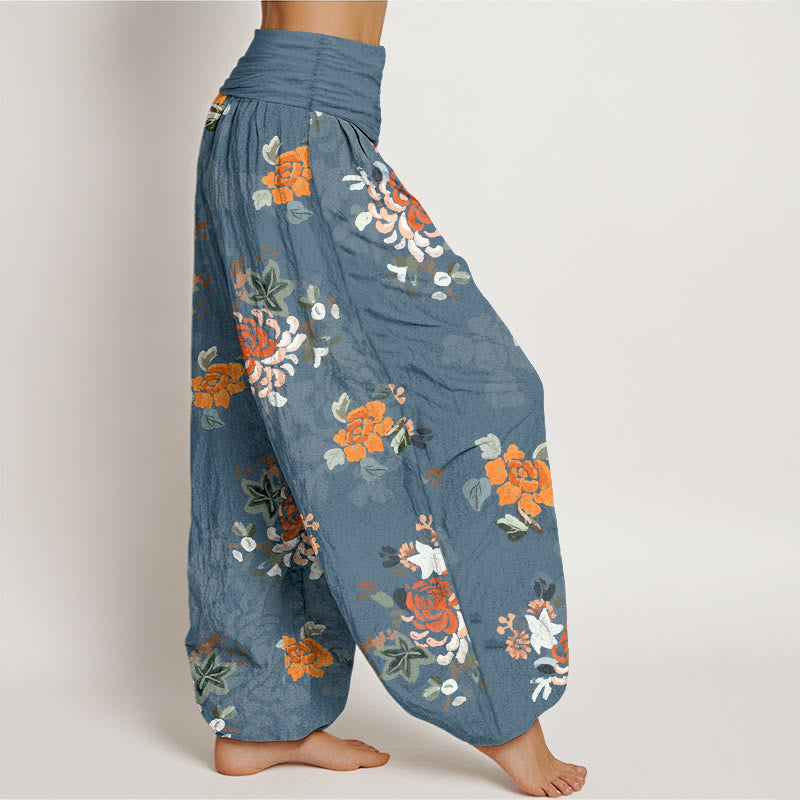 Pantaloni harem da donna con elastico in vita, in puro cotone, con motivo a fiori e foglie dai colori vivaci , Buddha Stones - image 2