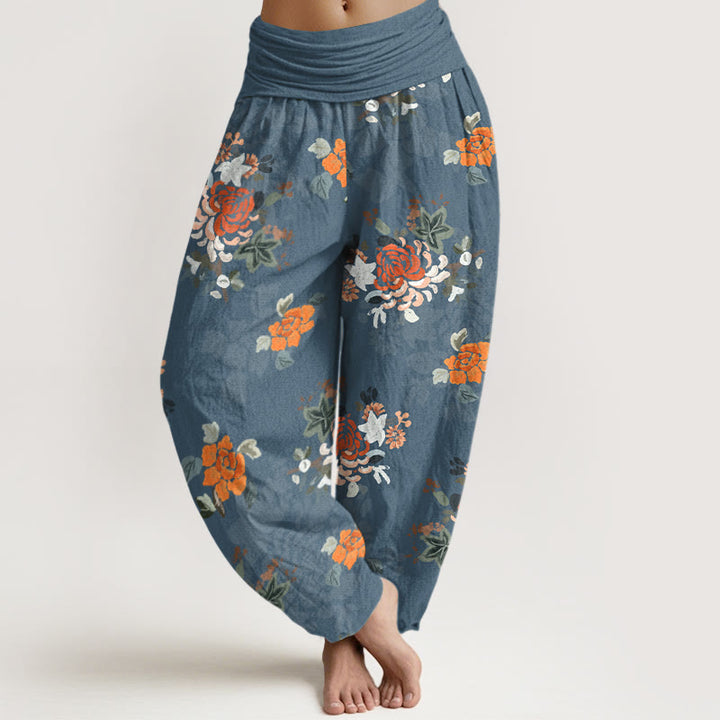 Pantaloni harem da donna con elastico in vita, in puro cotone, con motivo a fiori e foglie dai colori vivaci , Buddha Stones - SteelBlue - US16, UK/AU20, EU48 (3XL) - image 0