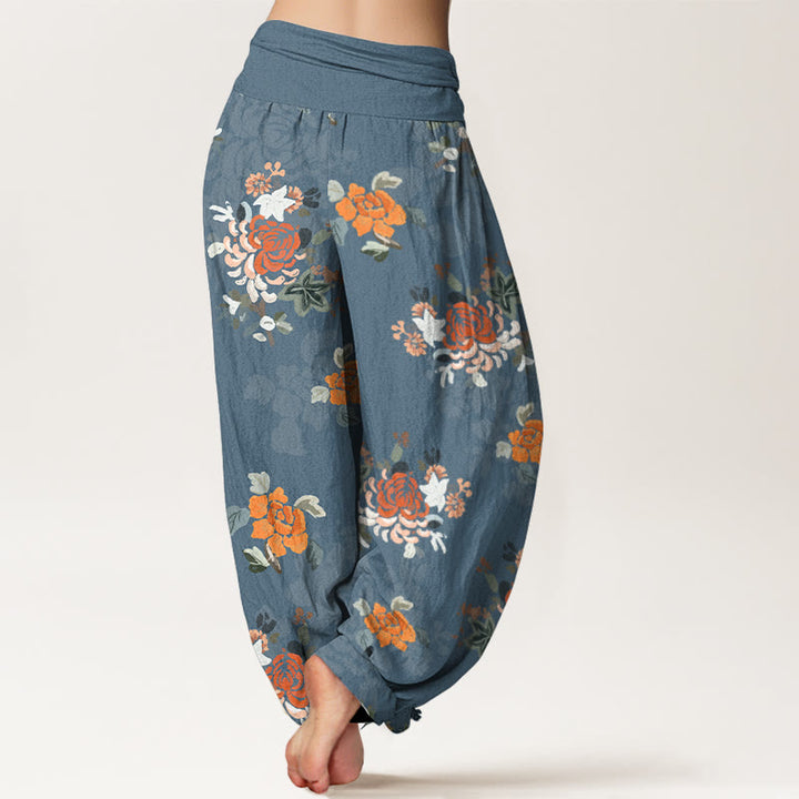 Pantaloni harem da donna con elastico in vita, in puro cotone, con motivo a fiori e foglie dai colori vivaci , Buddha Stones - image 1