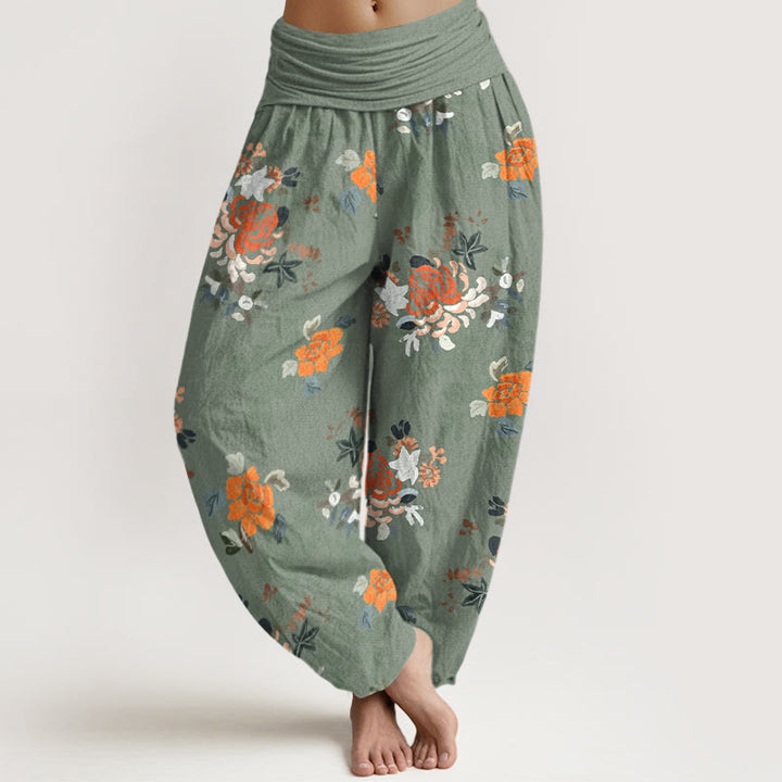 Pantaloni harem da donna con elastico in vita, in puro cotone, con motivo a fiori e foglie dai colori vivaci , Buddha Stones - DarkSeaGreen - US16, UK/AU20, EU48 (3XL) - image 5