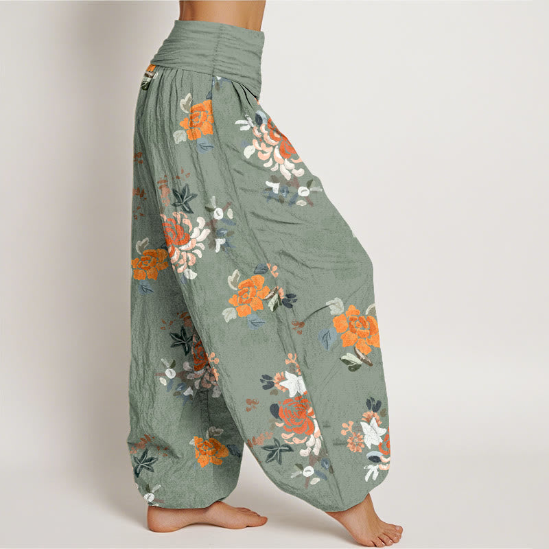 Pantaloni harem da donna con elastico in vita, in puro cotone, con motivo a fiori e foglie dai colori vivaci , Buddha Stones - image 7