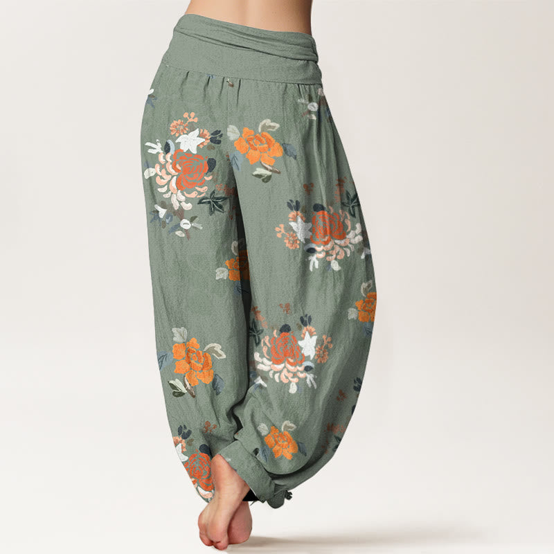 Pantaloni harem da donna con elastico in vita, in puro cotone, con motivo a fiori e foglie dai colori vivaci , Buddha Stones - image 6