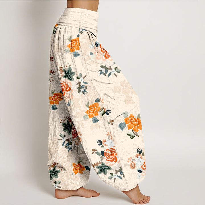 Pantaloni harem da donna con elastico in vita, in puro cotone, con motivo a fiori e foglie dai colori vivaci , Buddha Stones - image 10