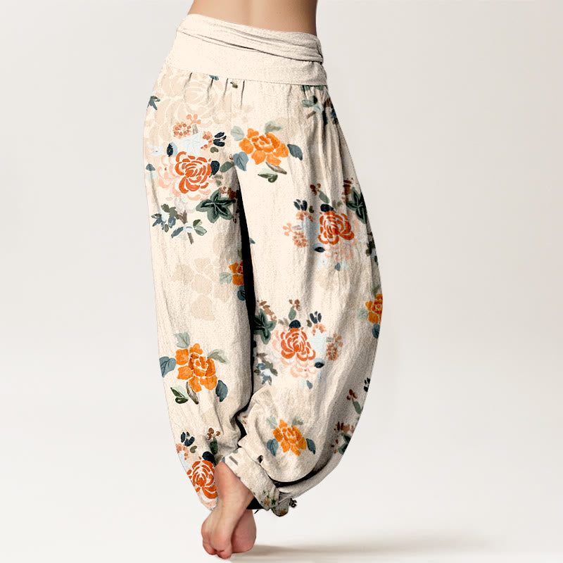 Pantaloni harem da donna con elastico in vita, in puro cotone, con motivo a fiori e foglie dai colori vivaci , Buddha Stones - image 9