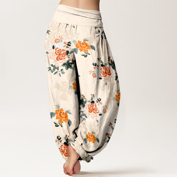 Pantaloni harem da donna con elastico in vita, in puro cotone, con motivo a fiori e foglie dai colori vivaci , Buddha Stones - image 9