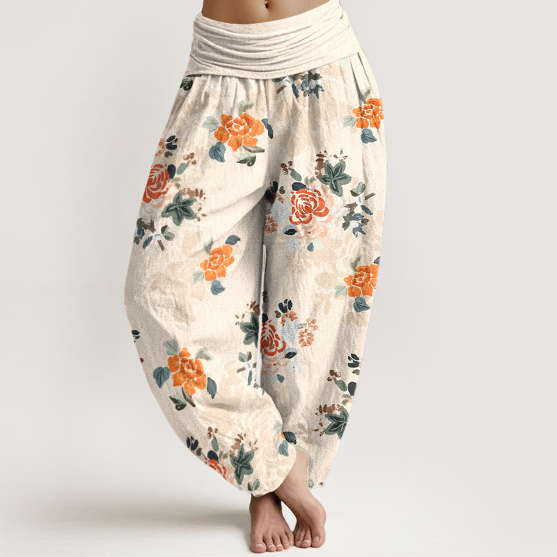 Pantaloni harem da donna con elastico in vita, in puro cotone, con motivo a fiori e foglie dai colori vivaci , Buddha Stones - PapayaWhip - US16, UK/AU20, EU48 (3XL) - image 8