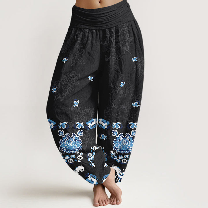 Pantaloni harem da donna con elastico in vita, modello classico a fiori e farfalle, in puro cotone, eleganti Buddha Stones - Nero - US16, UK/AU20, EU48 (3XL) - image 0