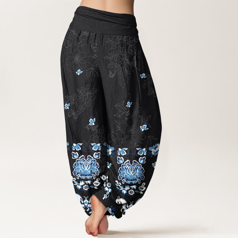 Pantaloni harem da donna con elastico in vita, modello classico a fiori e farfalle, in puro cotone, eleganti Buddha Stones - image 1