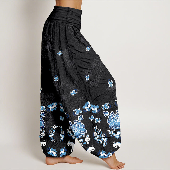 Pantaloni harem da donna con elastico in vita, modello classico a fiori e farfalle, in puro cotone, eleganti Buddha Stones - image 2