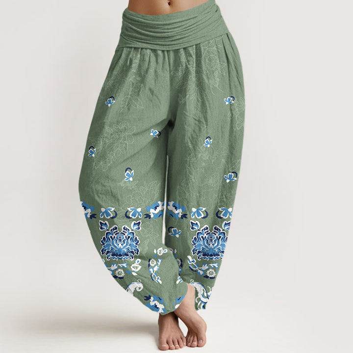 Pantaloni harem da donna con elastico in vita, modello classico a fiori e farfalle, in puro cotone, eleganti Buddha Stones - Verdemare medio - US16, UK/AU20, EU48 (3XL) - image 5